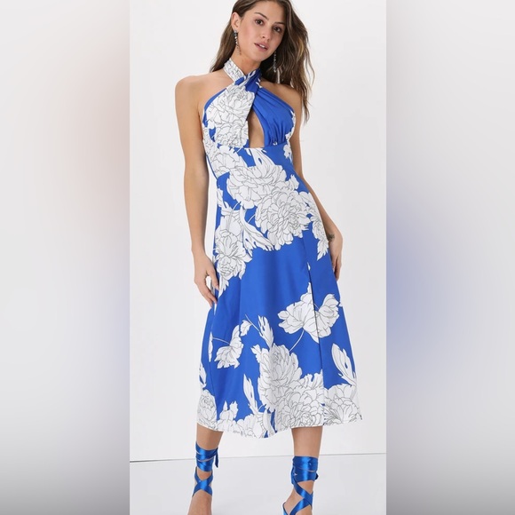 NWT Lulus Impressive Icon Blue Floral Halter Midi Dress - Picture 3 of 12